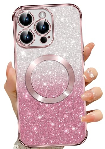 Phoona für iPhone 14 Pro Hülle, Glitzer Hülle Kompatibel mit MagSafe, Keine Vergilbung, Kratzfeste, Ganzkörperschutz Magnetisch Handyhülle für iPhone 14 Pro, Mit 2 Schutzfolie, Rosa