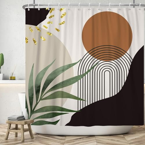 ASDCXZ Rideau de Douche Boho 180x180 cm, Style Boho Abstrait Moderne Feuilles Vertes Marron Soleil Gris Noir Lavables en Textile Rideau de Bain imperméable pour Baignoire avec 12 Crochets