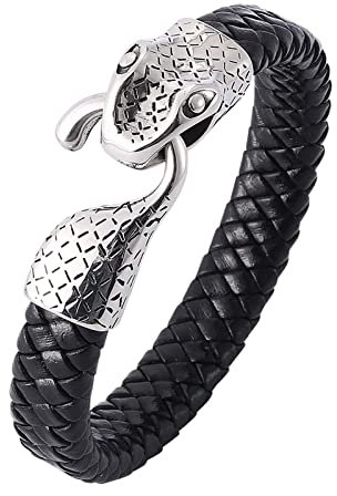 Wycian Armbänder für Herren Breit Silber, Armband Mädchen Schlangenkopf Geflochtenes Lederarmband 18.5CM Rostfreier Stahl für Männer Frauen