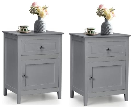 Multigot Bedside Table, Modern Storage Cabinet with Door Cabinet and Drawer, Wooden Side End Table Organizer Unit for Living Room Bedroom Hallway Office (2PCS, Grey)