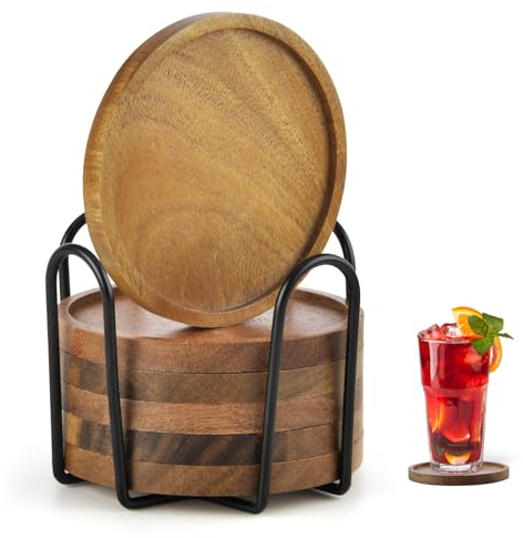 Posavasos de Madera Redonda para Vasos, Juego de 6 Posavasos de Madera de Acacia con Soporte, Posavasos de Cristal para Bebidas Bar Tazas Cristal protección de Mesa para Cualquier Tipo de Mesa