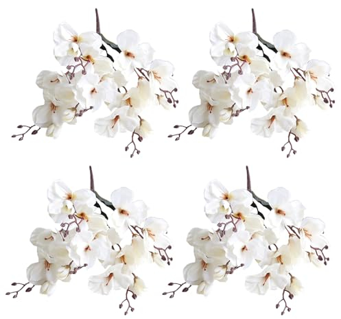 POTRUWE 43cm Künstliche Magnolienzweige, Lebensechte Magnolienstiele aus Seidenstoff, Jeweils 5 Gabeln und 20 Köpfe, Weißer Magnolienstrauß für die Inneneinrichtung (4 Packung)