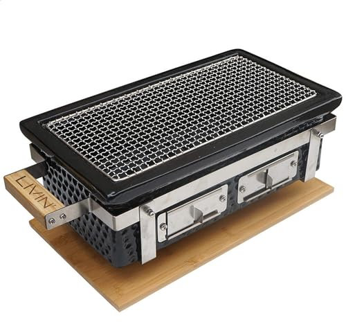 LIVIN' Hibachi Bbq Holzkohlegrill - Japanischer Keramikgrill & Edelstahl Mini-Grill Mit Holzunterlage - Barbecue Grill Für Drinnen Und Draußen, Tischgrill Holzkohle & Rechteckiger Campinggrill 40cm