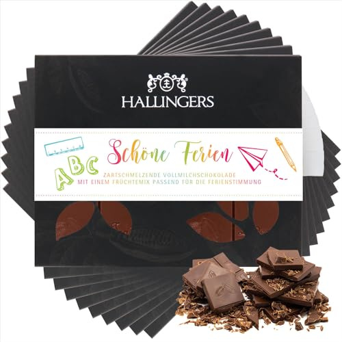 Hallingers Genuss Manufaktur Schokolade Glückwunsch-Geschenk - Tafel Edelkakao handgeschöpft ohne Alkohol edler Karton 10x Schöne Ferien Mango-Vanille, Geschenkidee für Frauen Männer
