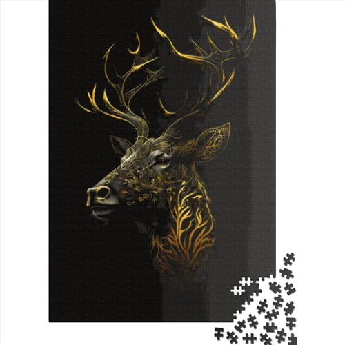 FUmoney Hirsch Gold Schwarz 1000 Teile Puzzle Hirsch Gold Schwarz Puzzle für Erwachsene Kreative Holzbrettpuzzles Tolles Geschenk für Erwachsene und Jugendliche 1000 Teile (75 x 50 cm)