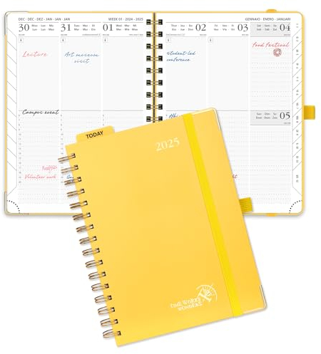 POPRUN Kalender 2025 Buchkalender Ringbuch mit Hardcover, ca. A5 (21,5 x 16 cm), 12-Monate-Terminplaner (Jan.2025-Dez.2025), Wochenplaner 2025 mit 100 GSM Elfenbeinpapier - Hellgelb