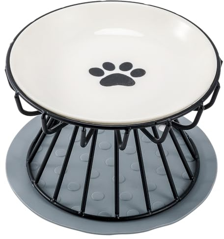Ceramic cat bowl with iron Stand, pet bowl with anti slip pad, cat food container dish (Black Stand + Cat Paw Dish)