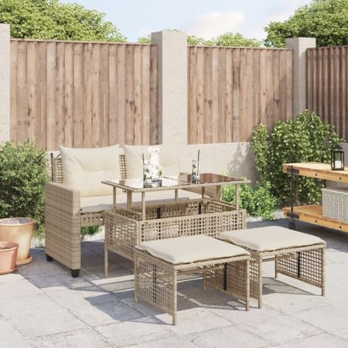 Faroom Poly Rattan Sitzgruppe, 4- teiliges Lounge Gartenmöbel Set mit Tisch Verstellbare, Sessel & Hocker, Essgruppe für bis zu 4 Personen, Garten und Balkon Möbel inkl. Polster - Beige