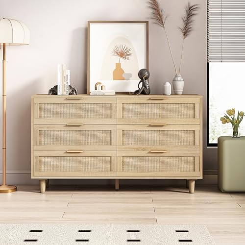 Celya Rattan-Schubladenschrank Mit 6-Schubladen, Kabinettorganisator für Wohnzimmer, Schlafzimmer, Schrank, Flur und Eingangsbereich (Natürlich, 130CM)