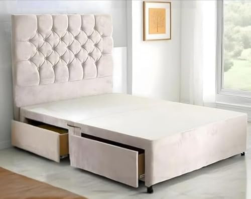 Plush Elegant Divan Base, Modern Divan Bed Frame with 2 Drawers, Durable Bed Base with 48 Chesterfield Headboard (No Mattress) (Cream, 4FT6 Double)
