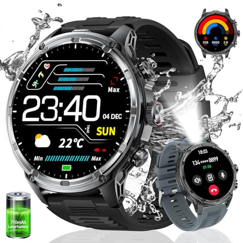HIRREO Militaire Montre Connectée Homme avec 1,85'' HD Grand Écran/LED Lampe/710mAh Batterie,Smartwatch Homme avec 100+ Modes Sportifs,24/7 Moniteur de Fréquence Cardiaque et Sommeil pour Android iOS