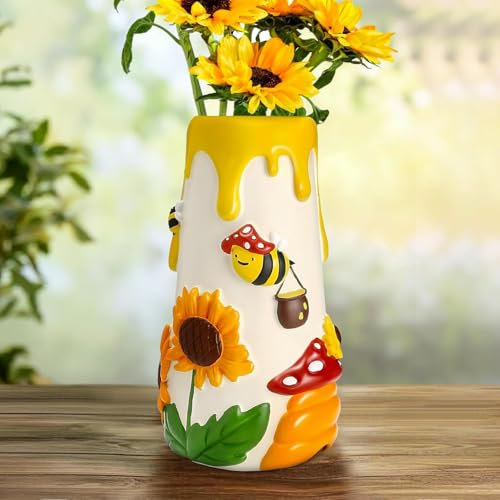 AmiCera Cute Bunt Biene Sonnenblume Vase, Dekorative 20 cm Hohe Vasen für Blumen, Einzigartige Funky Blumen Vase für Home Décor, Eklektische ästhetische Gartenarbeit Geschenke, Weiß