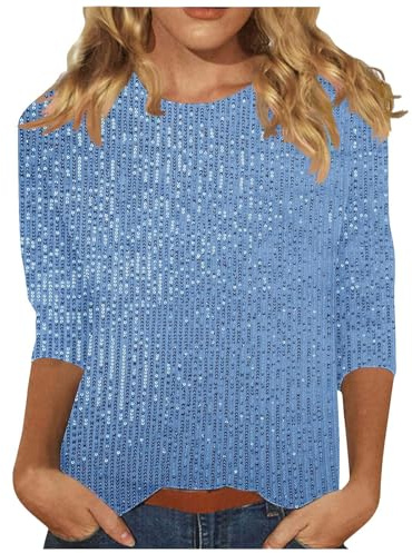3/4 Sleeve Squin Top for Women Loose Glitter Tops Sparkle Sequin Top Crew Neck Long Sleeve Tunic Tops Glitter Party Tops Elegant Evening Top for Women UK Plus Size Casual Tees Sparkly T Shirts