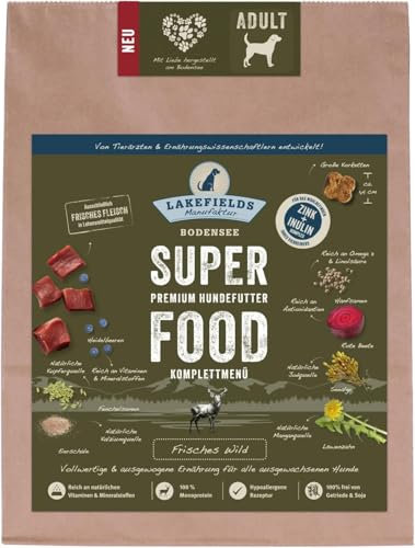 LAKEFIELDS MANUFAKTUR - SUPERFOOD - Premium Hundefutter trocken, Wild 61%, getreidefreies Trockenfutter für ausgewachsene Hunde, Alleinfutter mit Wildfleisch, Hanfsamen & Roter Beete, Größe:2 x 2.5 Kg