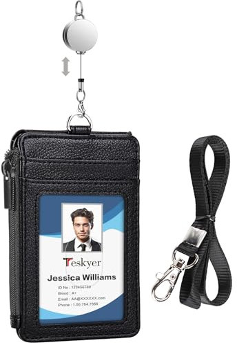 Teskyer Porte Badge tour de Cou - avec Cordon Rétractable, Cuir PU, 4 Emplacements pour Cartes, Porte Carte avec Poche à Glissière, Design Vertical, Noir