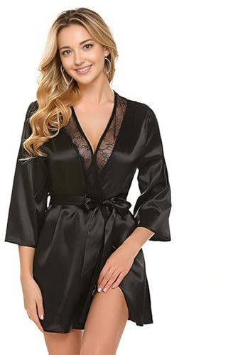 Amexo Bata Seda Mujer, Bata de Mujer de Satén Sexy Albornoces para Mujer Bata Kimono Corto Satén Ropa de Dormir para Estar en Casa (FR/ES, Letras, M, Regular, Regular, Negro)