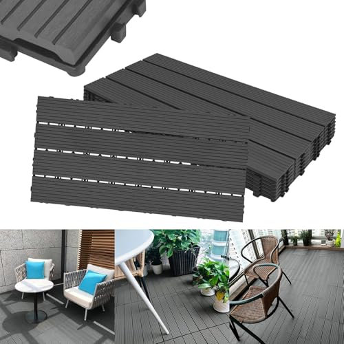 ACXIN WPC Terrassenfliesen Terrassendielen Fliese in Holzoptik Kunststoff Fliesen Terrassenfliesen Klickfliesen Balkonfliesen, zuschneidbar, für Garten/Balkon/Terrasse (12, Anthrazit, 30 x 60)
