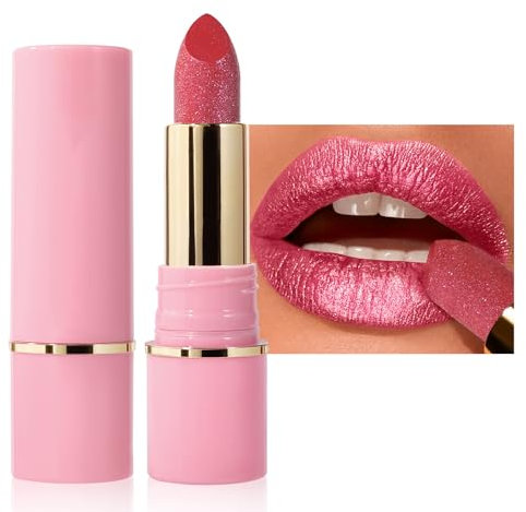 Rouge à lèvres à finition métallique brillante, rouge à lèvres rose avec brillance diamant, hydratant et hautement pigmenté, imperméable et durable, pas de sensation granuleuse, texture crémeuse