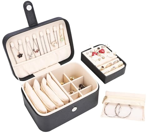 Boxudeli 2 Ebenen Schmuckkästchen mit 4 Schmuckbeuteln aus Samt, großer Reise Schmuckkästchen Klein, mittelgroße Schmuckaufbewahrungsbox, tragbare Schmuckschatulle aus PU-Leder für Damen (Schwarz)