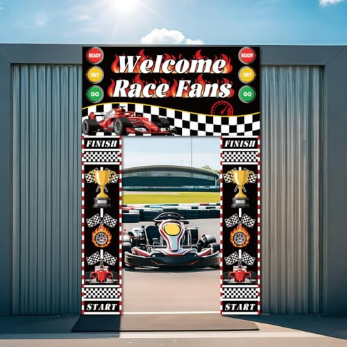 WADORN Willkommen Bei Den Rennsportfans Foto Türbanner, 180x270cm Rennwagen Geburtstagsparty Dekor Karierter Rennhintergrundrahmen Hängender Veranda Banner Hintergrund Für Autopartys Außenbereich