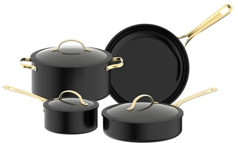 Chef Power Ceramic Cookware Sets, 10Pcs Pots and Pans Set Non Stick, Cookware Set with Stainless Steel Handle, Dishware & Oven Safe, Stone Black and Light Gold Handle
