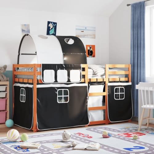 HaoChrymec Etagenbett mit Vorhängen aus Kiefernholz, Mit Rausfallschutz und Leiter, Für Kinderzimmer, hochbett Kinder, etagenbett 2 Kinder, Weiß & Schwarz, 80x200 cm