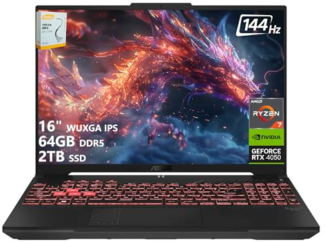ASUS TUF A16 Gaming Laptop | 16 WUXGA IPS 144Hz | AMD 6-Core Ryzen 7 7445HS | 64GB DDR5 2TB SSD | NVIDIA GeForce RTX 4050 (194 AI Tops) | Tastiera retroilluminata USB 4 Wi-Fi 6 Win11 w/DLCA