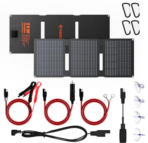 Flexsolar Panel solar de 28 W,cargador de batería solar de 12V módulo solar | IP67 resistente al agua, cargador de batería portátil con cable USB DC SAE para coche, barco, motocicleta, remolque