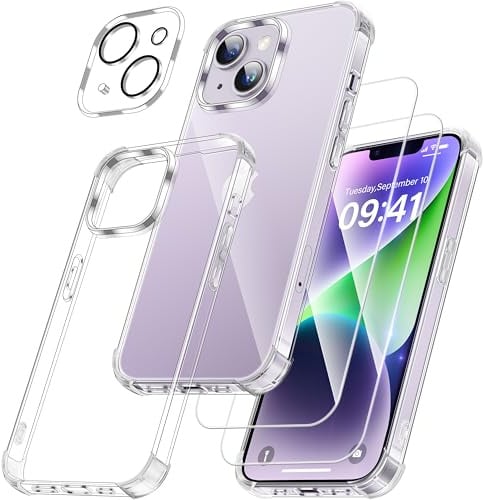 FLLAO Case for iPhone 14 Plus, with 2 Screen + 1 Lens Protector, Clear | 2 HD Screen Protector + 1 Camera Lens Protector, Shockproof Air Cushion, Anti-Yellowing, Slim Soft TPU Bumper Cover