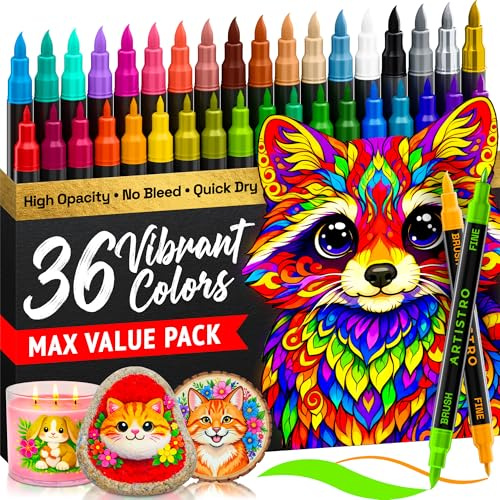ARTISTRO 36 Acrylic Paint Markers - Paint Pens for Drawing, Brush + Fine Tips - For Fabric, Rock, Glass, Wood, DIY - Art & Craft Supplies for Adults, Teens, Kids - Teacher Appreciation Gift