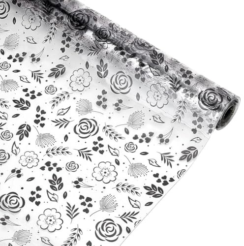 PH PandaHall Drucktes TPU Jelly Kunstleder, 2x0.34M TPU Stickmaterial Schwarz Blumenmuster Transparent Vinyl für Bastelprojekte Heimdekoration