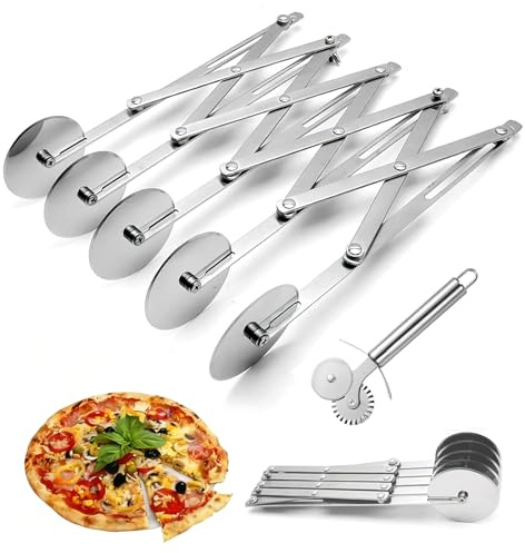 5 Wheel Expandable Width Pizza Slicer, Multi-Round Dough Divider Roller and Dual-Wheel Pasta Cutter, Food Grade Stainless Steel Pizza Cutter, Pastry Knife for Kitchen Baking Pizza Pastry Bread