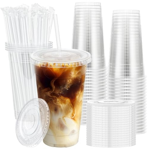 100 Pack 20 oz Clear Plastic Cups with Lids & Straws, Disposable to-Go Iced Coffee Cups for Cold Drinks, Smoothies & Slushies