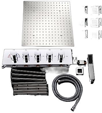 CSDASW Bathroom 20 Inch Square Shower Head Panel System,Thermostatic Diverter Mixer,LED Rain SPA Shower Set 2 Inch Lateral Jet Kit(Whole shower set)