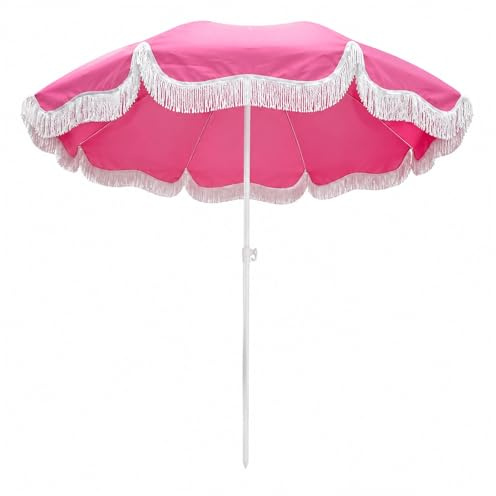 Zhixubah 6.5ft Parasol De Plage Rose Boho avec Franges Jardin Inclinable 45° Protection UV 50+, Grand Parasol Terrasse Orientable avec Baleines en Fibre De Verre, pour Cour Extérieur