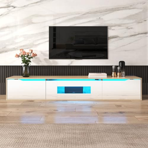 staronce TV Schrank mit LED Beleuchtung hängend & stehend, Hochglanz Fernsehschrank für Wohnzimmer, MDF/Spanplatte Weiß mit Holzfarbe, 180 x 35 x 30 cm