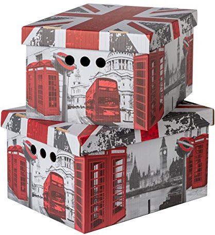 SOFTILLO Pack of 2 Decorative Storage Boxes With Lids Home Office Bedroom Wardrobe Box Organiser Archive Box with Lid Multi-Use General Storage Archive Box with Lid Stylish Set XLarge London