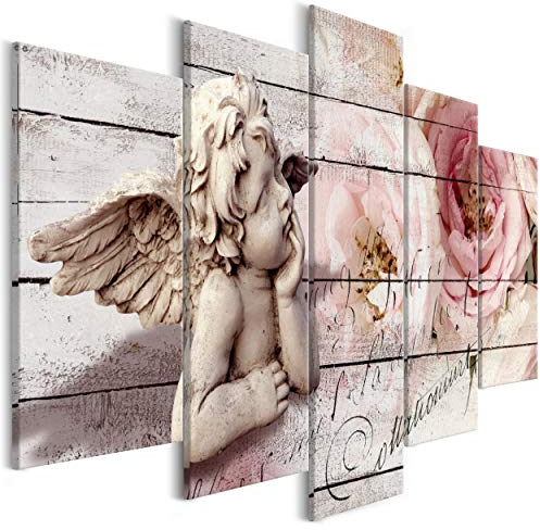 decomonkey Bilder Holz Blumen 200x100 cm 5 Teilig Leinwandbilder Bild auf Leinwand Vlies Wandbild Kunstdruck Wanddeko Wand Wohnzimmer Wanddekoration Deko Engel Aufschrift Rose Rosa Beige Brett