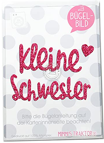 GLITZER Bügelbild kleine Schwester mit Herz 10 cm Aufbügler Applikationen Bügelsticker für Stoffe Textilien Kinder zum Aufbügeln Flicken, Farbe:Glitzer pink