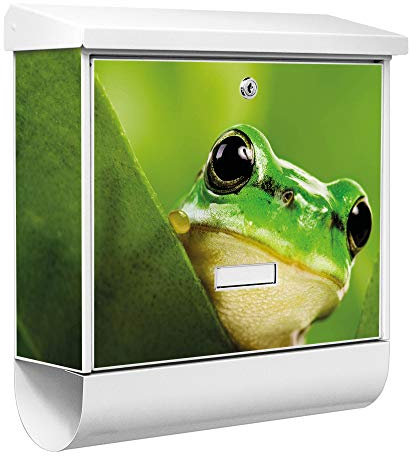 banjado® Burgwächter Briefkasten Weiß 38x39x12cm mit Motiv Frosch/Briefkasten mit Zeitungsfach/Briefkasten mit Zeitungsrolle/Postkasten inkl. Montagematerial & 2 Schlüsseln