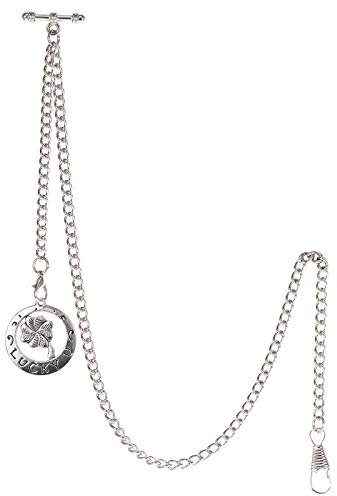 TREEWETO Taschenuhrkette mit T Bar Endstück Albert T-Bar Taschenuhr Kette mit Antiker Vierblättriger Klee-Anhänger und 2 Haken für Weste Knopfloch Silber