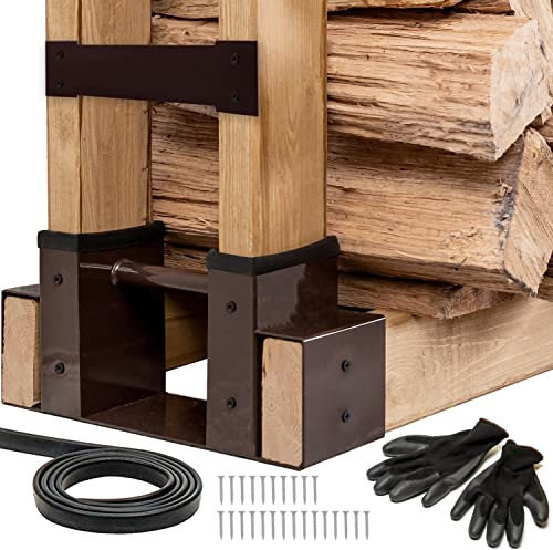 Tidyboss 2 Stück Kaminholzhalterungen für den Außenbereich, Kaminholz, Holzaufbewahrung, Holzflor, robuster Stahl, verstellbare Länge mit Dichtungsstreifen, Handschuhe und Schrauben (dunkelbraun)