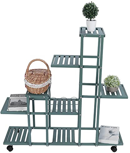 Wakects Pflanzenregal, Blumenregal für den Innenbereich aus Metall mit Rollen, dekoratives Regal für Balkon Garten Terrasse, 92 x 93 x 26 cm (grün)