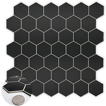 10-Sheet Hexagon Peel and Stick Backsplash, 11.42 x 11.42 Black Honeycomb Self-Adhesive Marble Mosaic Wall Tile, Waterproof Stick on Backsplash Tiles for Kitchen Bathroom Shower
