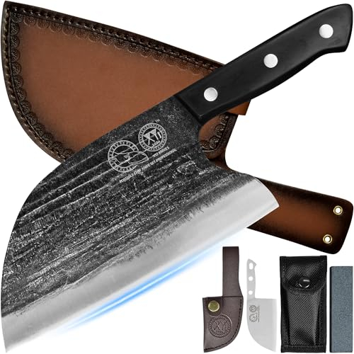 XYJ Full Tang, coltello cuoco serbo, Chef carne Cleaver, coltelli da cucina, set con guaina di cuoio, prendere trasporto, macellaio, per campeggio o all'aperto (8 pollici)