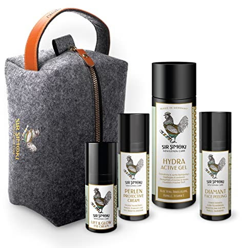 Sir Simoki Gesichtspflege Set für Männer – Geschenkset mit Gesichtscreme, Augencreme, Peeling & Waschgel inklusive Kulturtasche – Pflegeset für eine intensive & feuchtigkeitsspendende Reinigung (1)