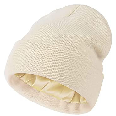 TOEECY Damen Beanie Mütze Warme Wintermütze mit Weichem Satin Gefütterte Slouchy Stretchy Strickmütze Schützen Frisur Feinstrick Mütze Winddicht Cuffed Plain Skull Hat Unisex (Beige)