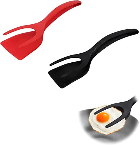 Norhogo Lot de 2 spatules 2 en 1 pour œufs, crêpes, sandwichs, sandwichs, poignées à pain, pinces à barbecue, antidérapantes, spatules pour œufs au plat (rouge, noir)