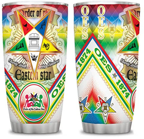 ATHAND Order of the Eastern Star Isolierter Becher, 1874 OES Symbol Geschenke für Frauen, griechisches Freimaurer-Emblem, rund, Blau und Gold, 590 ml, Freimaurer, doppelwandige Reise-Kaffeetasse