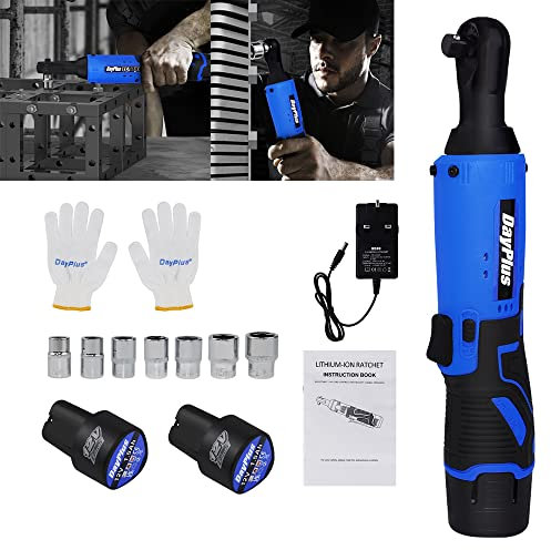 Brushed Ratchet Wrench Electric 3/8'' Cordless Right Ratchet 90° Angle Wrench Tools+ 2pcs 1500mAh Li-Ion Batteries,with LED Worklight,40N.m Torque Ratchet Wrenches Set,2300RPM Impact Power Tool